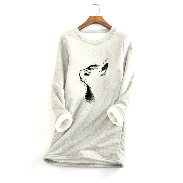 Ladies Printed Fur Sweatshirt Cat Head