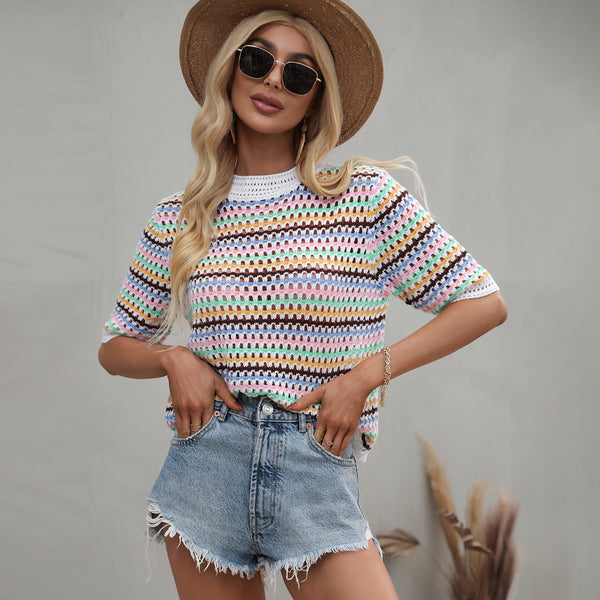 Stitching Hollow Knitted Striped Sweater