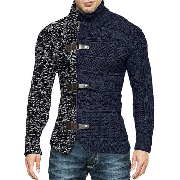 Men's Color Block Leather Button Knit Cardigan