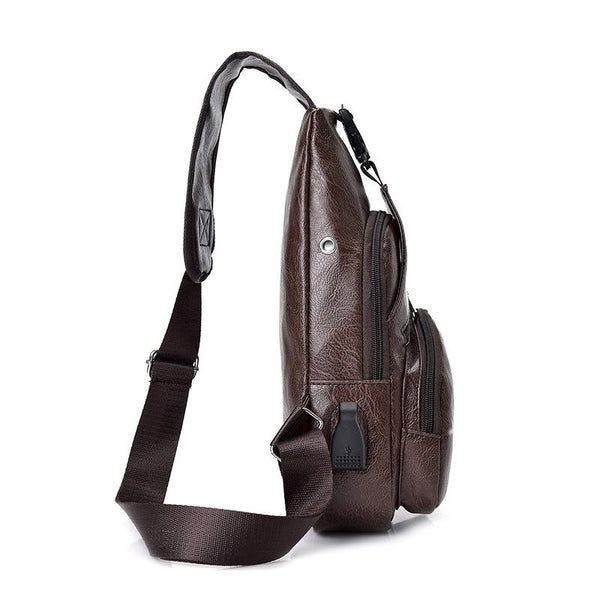 Leather Backpack - Leather Chest Bag with USB Charging