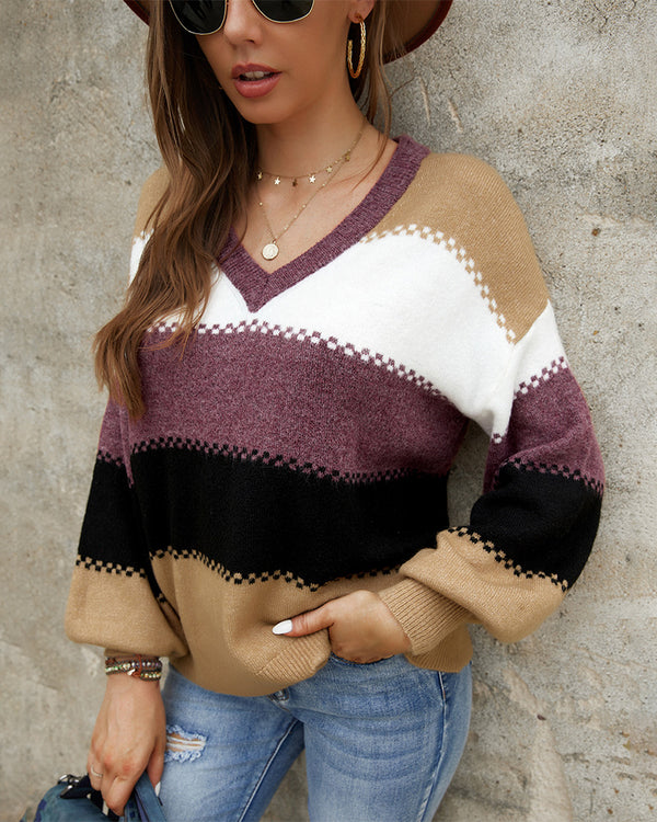Fashion V-neck Stitching Sweater