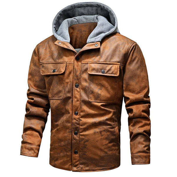 Men's Casual Leather Jacket With Hood And Cashmere