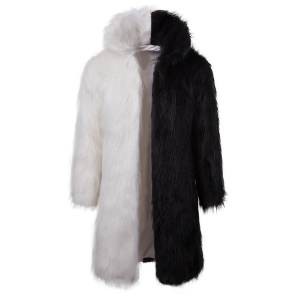 Men's Faux Fur Black And White Mid-length Hooded Jacket