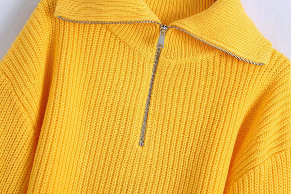Short Yellow Half Zip Turtleneck Pullover Sweater