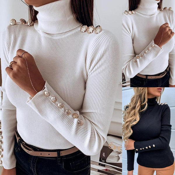 Button Solid Color Turtleneck Bottoming Shirt Top