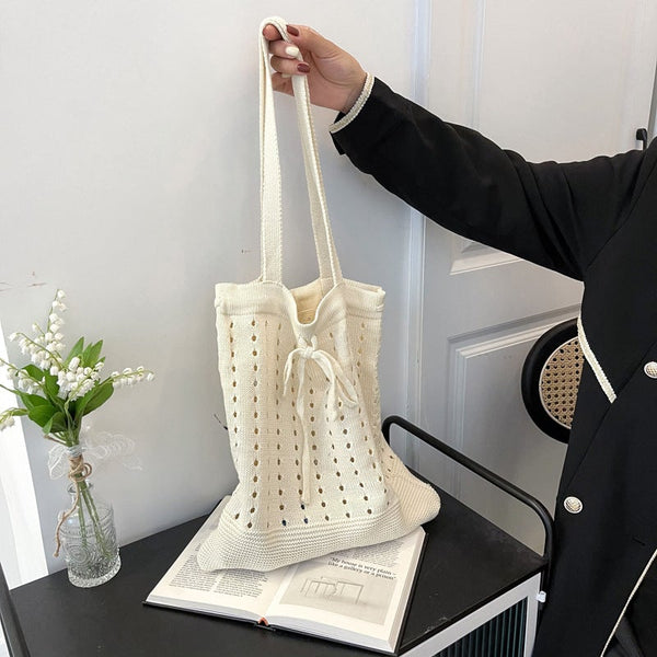 Knitted Hollowed Drawstring Handbag