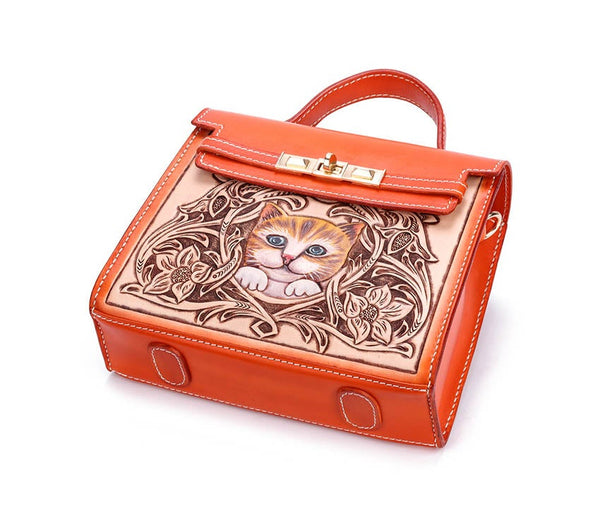 Handmade First Layer Cowhide Engraved Cat Handbag
