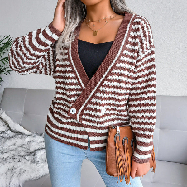 V Neck Design Striped Knitted Sweater