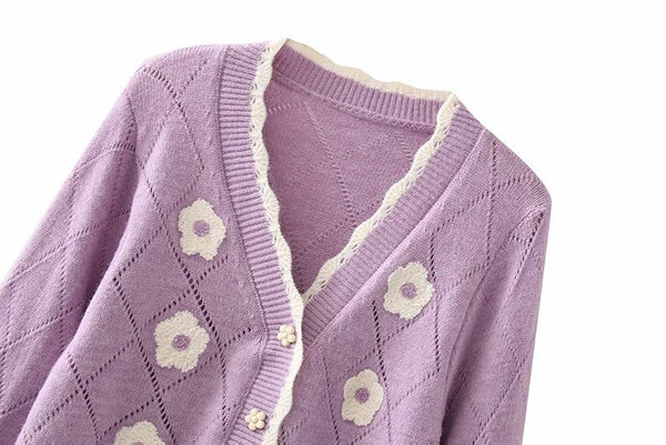 French V-Neck Floral Jacquard Knit Sweater