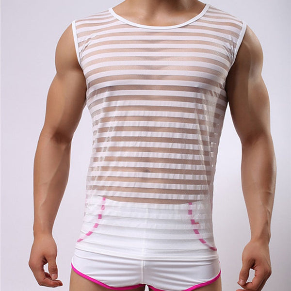 Elastic Nylon Fashion Striped Crew Neck Vest