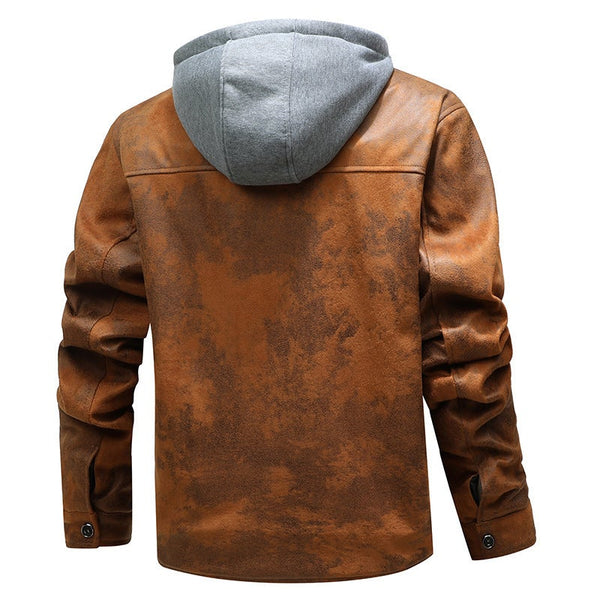 Men's Casual Leather Jacket With Hood And Cashmere